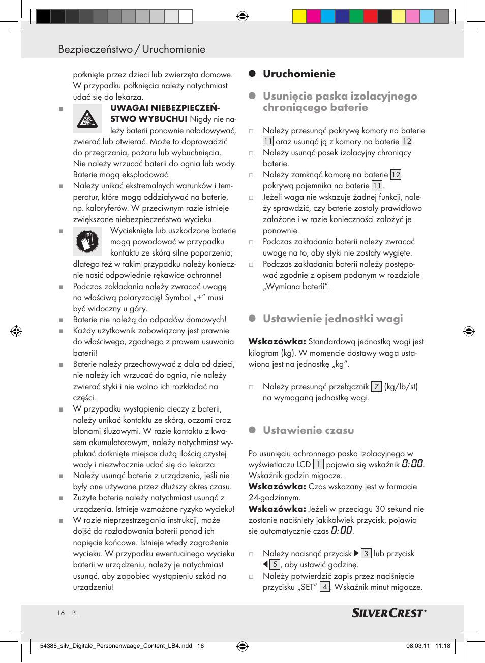 Uruchomienie bezpieczeństwo / uruchomienie, Uruchomienie, Usunięcie paska izolacyjnego chroniącego baterie | Ustawienie jednostki wagi, Ustawienie czasu | Silvercrest Digital Bathroom Scale User Manual | Page 12 / 56