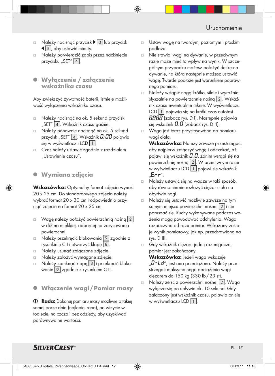 Uruchomienie, Wyłączenie / załączenie wskaźnika czasu, Wymiana zdjęcia | Włączenie wagi / pomiar masy | Silvercrest Digital Bathroom Scale User Manual | Page 13 / 56