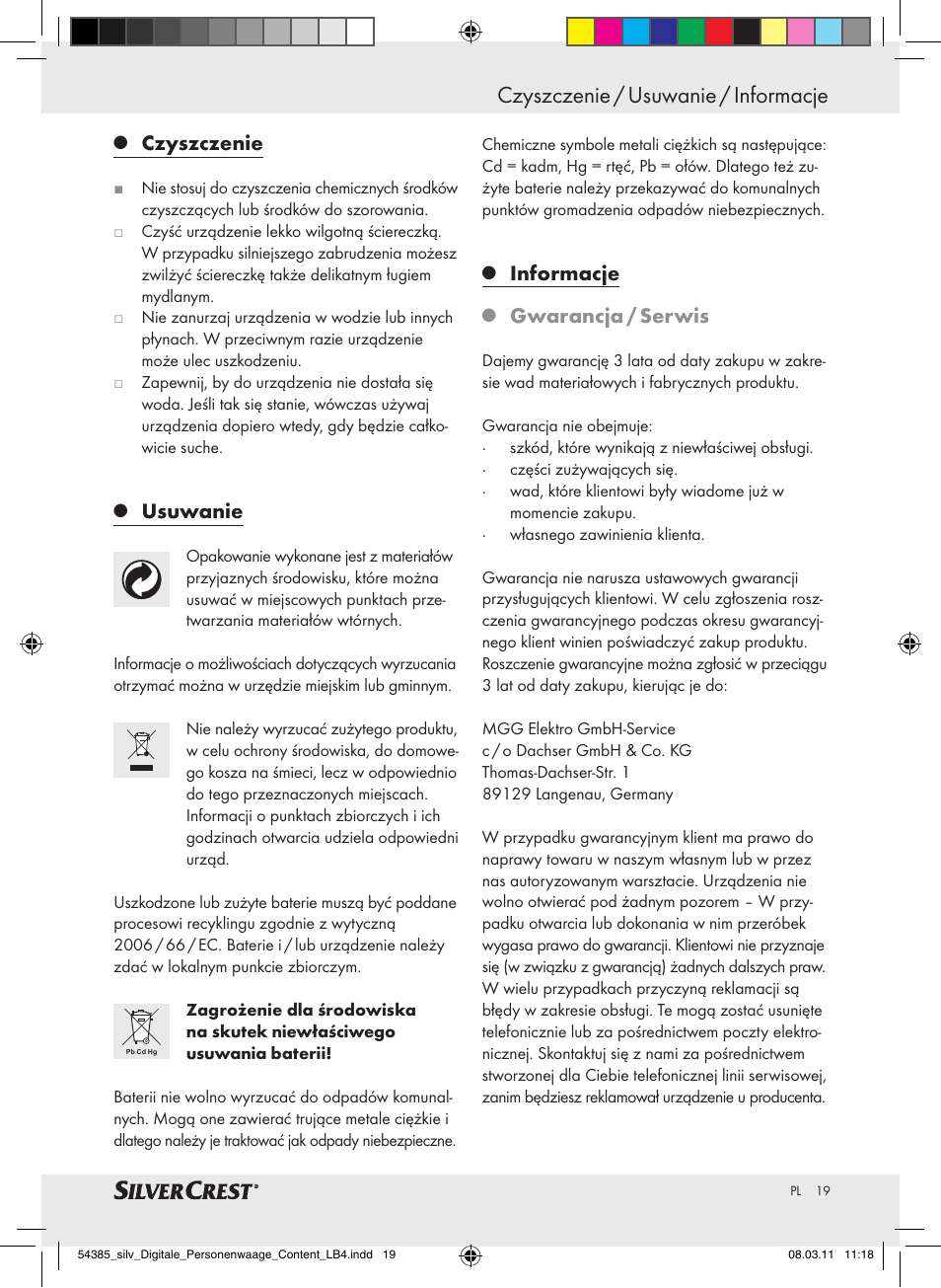 Czyszczenie / usuwanie / informacje, Czyszczenie, Usuwanie | Informacje, Gwarancja / serwis | Silvercrest Digital Bathroom Scale User Manual | Page 15 / 56
