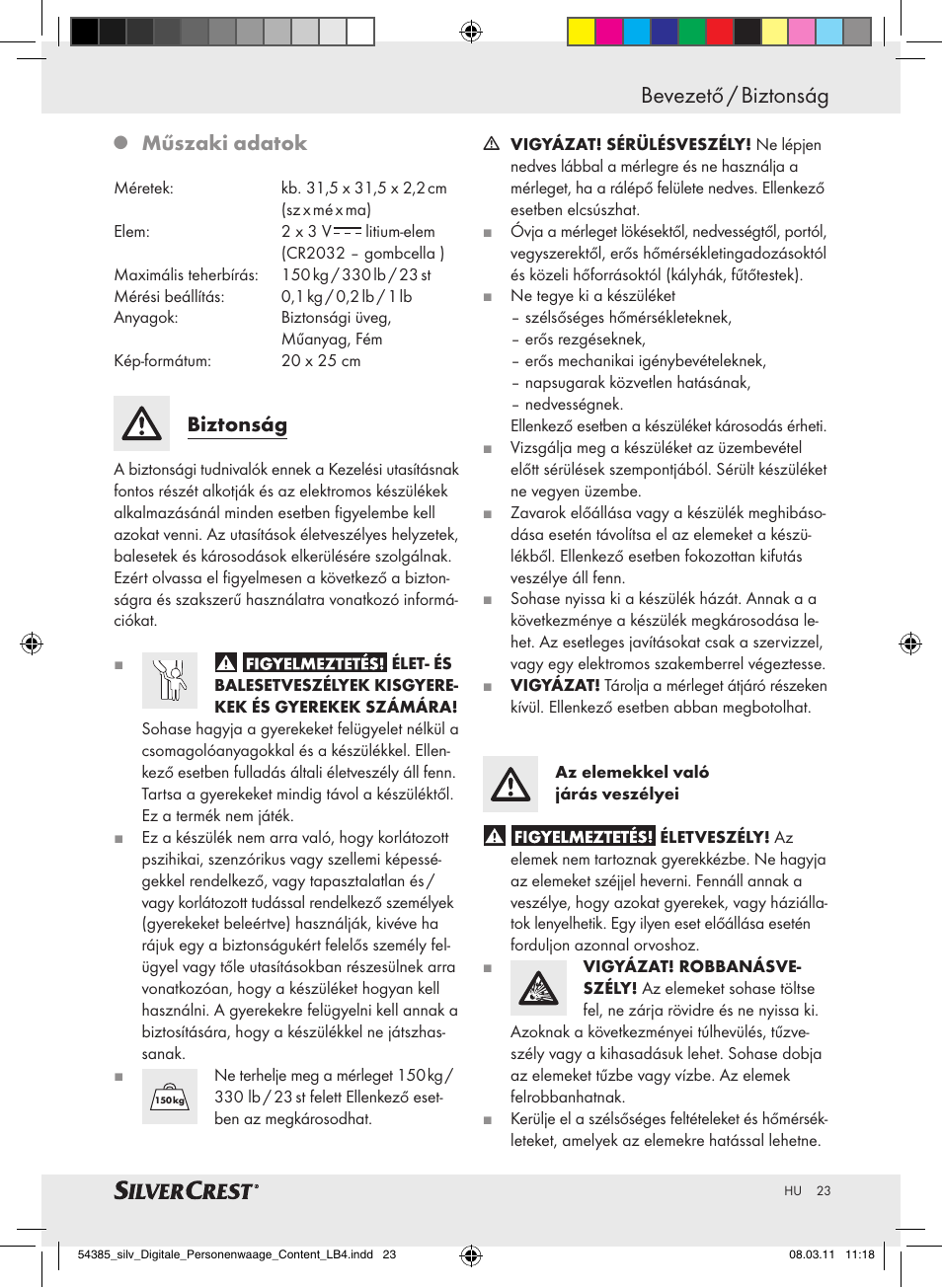 Bevezető / biztonság, Műszaki adatok, Biztonság | Silvercrest Digital Bathroom Scale User Manual | Page 19 / 56