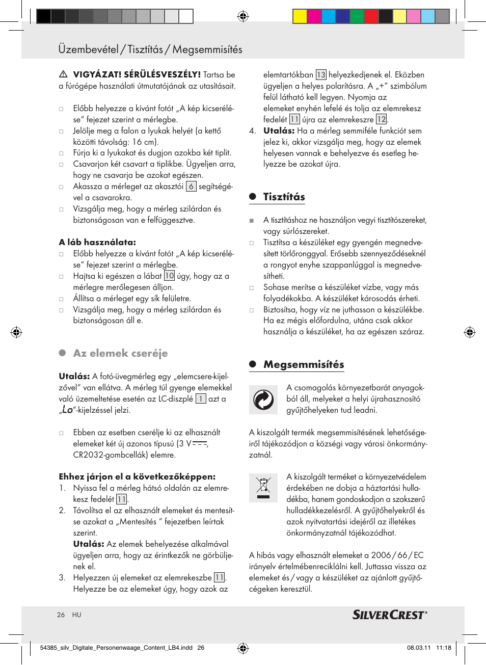 Az elemek cseréje, Tisztítás, Megsemmisítés | Silvercrest Digital Bathroom Scale User Manual | Page 22 / 56