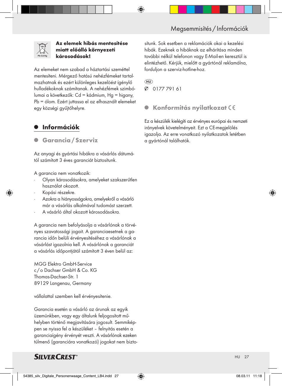 Megsemmisítés / információk, Információk, Garancia / szerviz | Konformitás nyilatkozat | Silvercrest Digital Bathroom Scale User Manual | Page 23 / 56