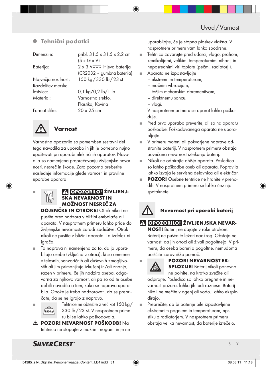 Uvod / varnost, Tehnični podatki, Varnost | Silvercrest Digital Bathroom Scale User Manual | Page 27 / 56