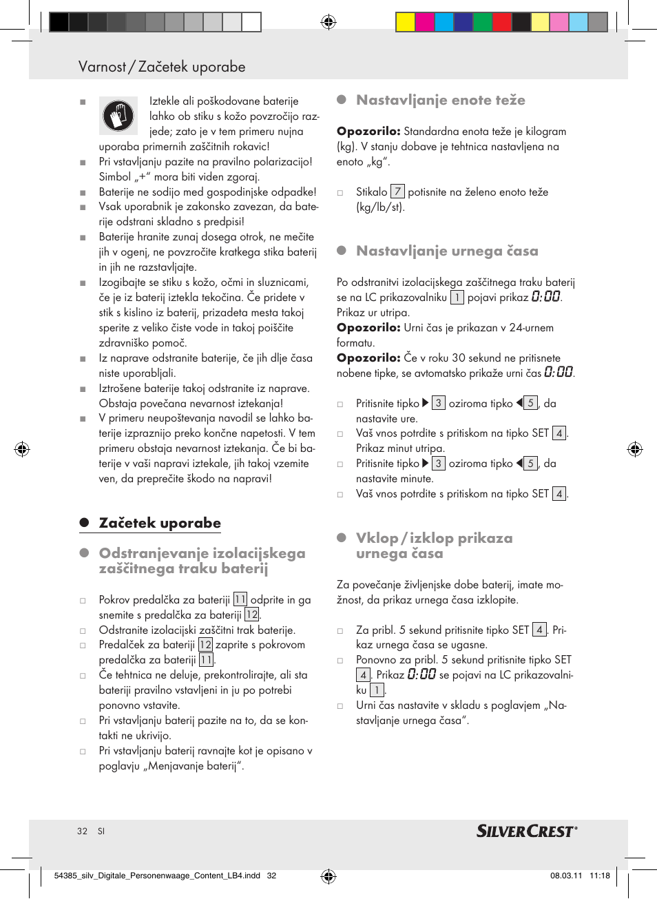 Začetek uporabe varnost / začetek uporabe, Začetek uporabe, Nastavljanje urnega časa | Vklop / izklop prikaza urnega časa | Silvercrest Digital Bathroom Scale User Manual | Page 28 / 56