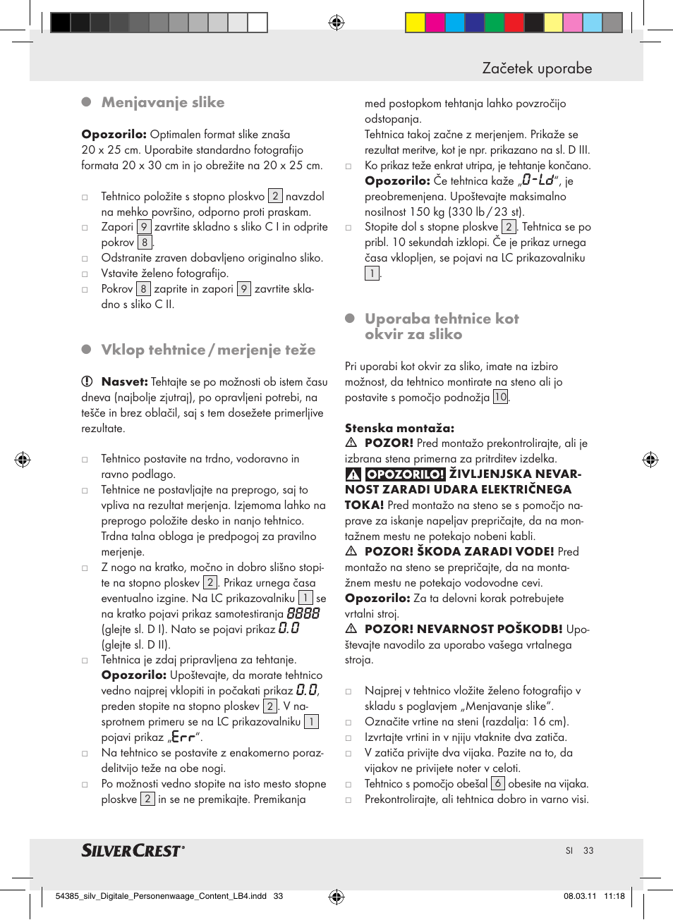 Začetek uporabe, Menjavanje slike, Vklop tehtnice / merjenje teže | Uporaba tehtnice kot okvir za sliko | Silvercrest Digital Bathroom Scale User Manual | Page 29 / 56