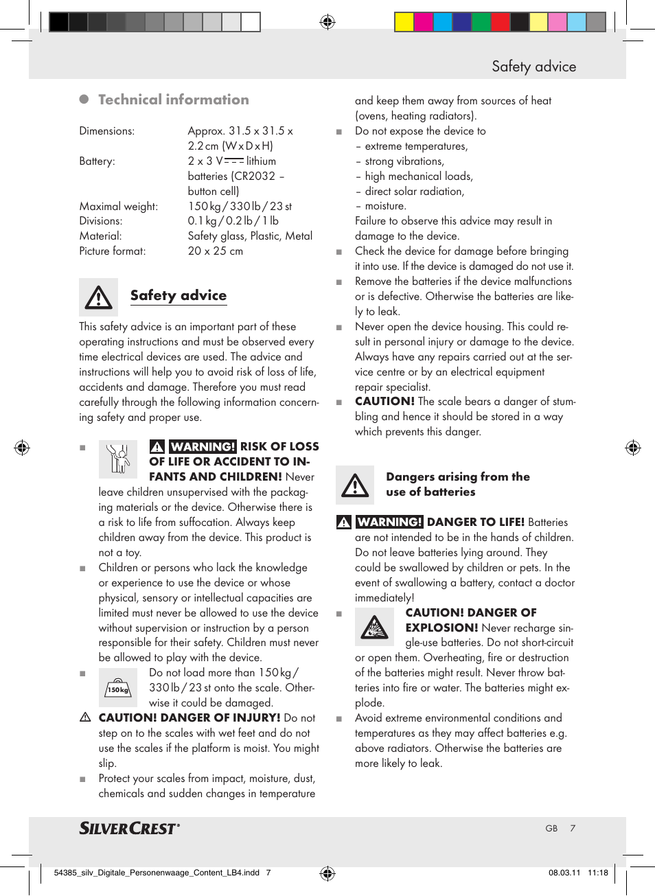 Safety advice, Technical information | Silvercrest Digital Bathroom Scale User Manual | Page 3 / 56