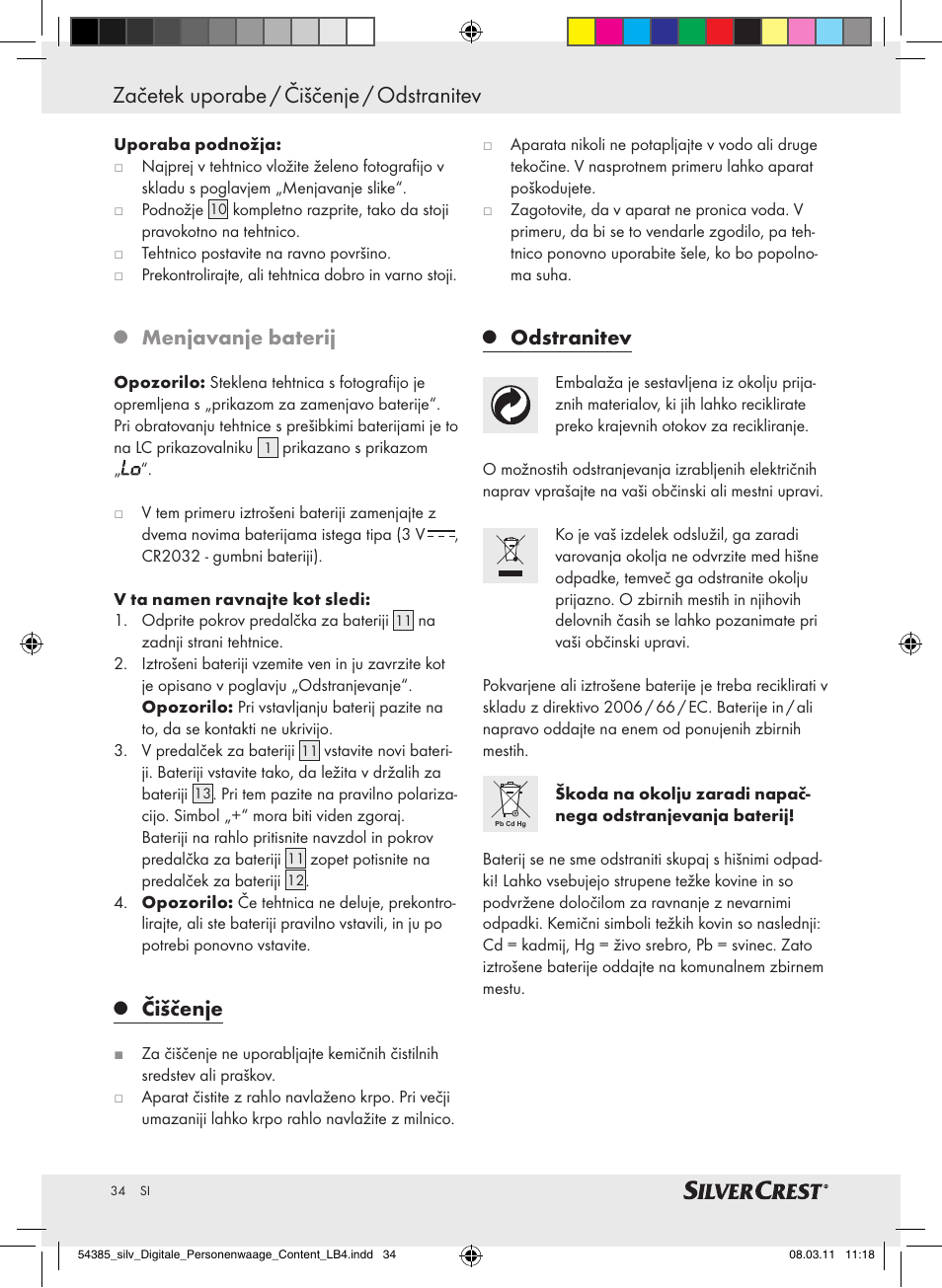 Začetek uporabe / čiščenje / odstranitev, Menjavanje baterij, Čiščenje | Odstranitev | Silvercrest Digital Bathroom Scale User Manual | Page 30 / 56