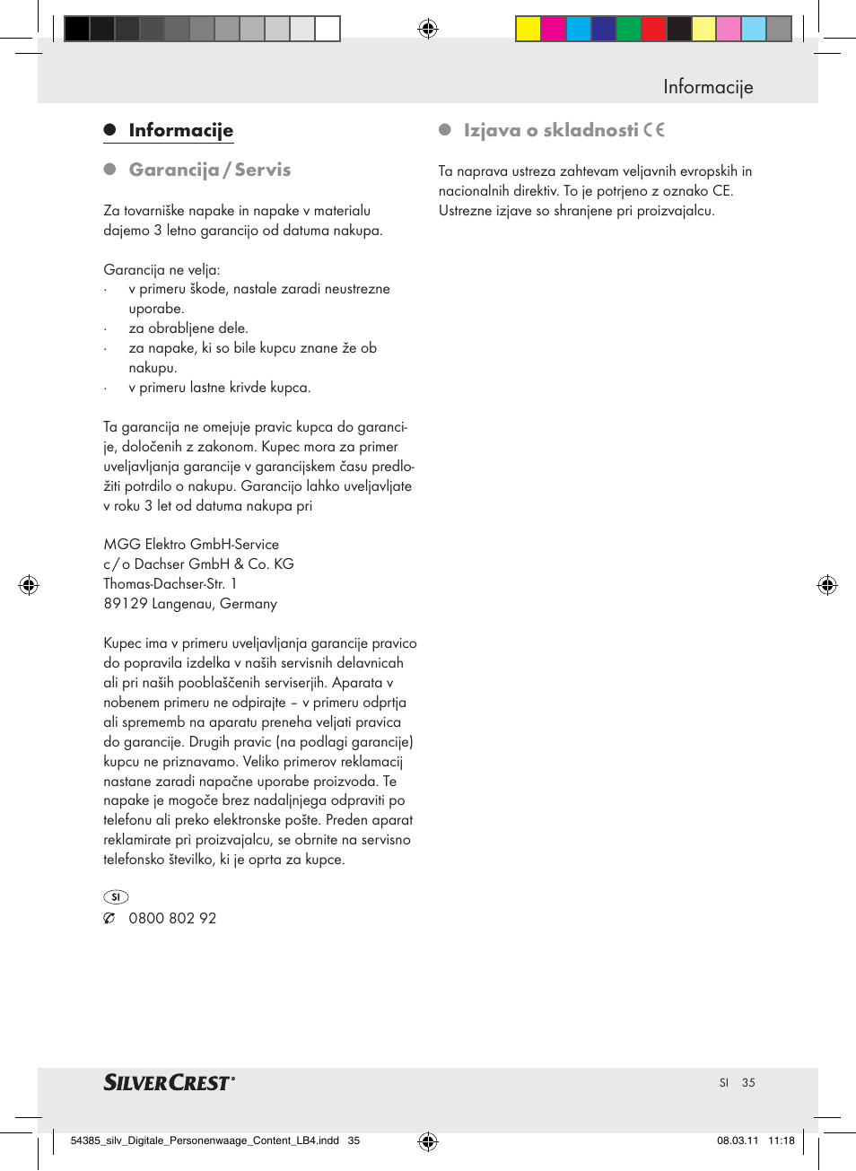 Informacije, Garancija / servis, Izjava o skladnosti | Silvercrest Digital Bathroom Scale User Manual | Page 31 / 56