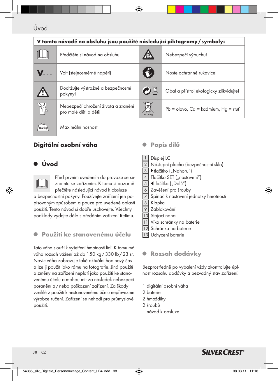 Úvod / bezpečnost úvod, Digitální osobní váha, Úvod | Použití ke stanovenému účelu, Popis dílů, Rozsah dodávky | Silvercrest Digital Bathroom Scale User Manual | Page 34 / 56