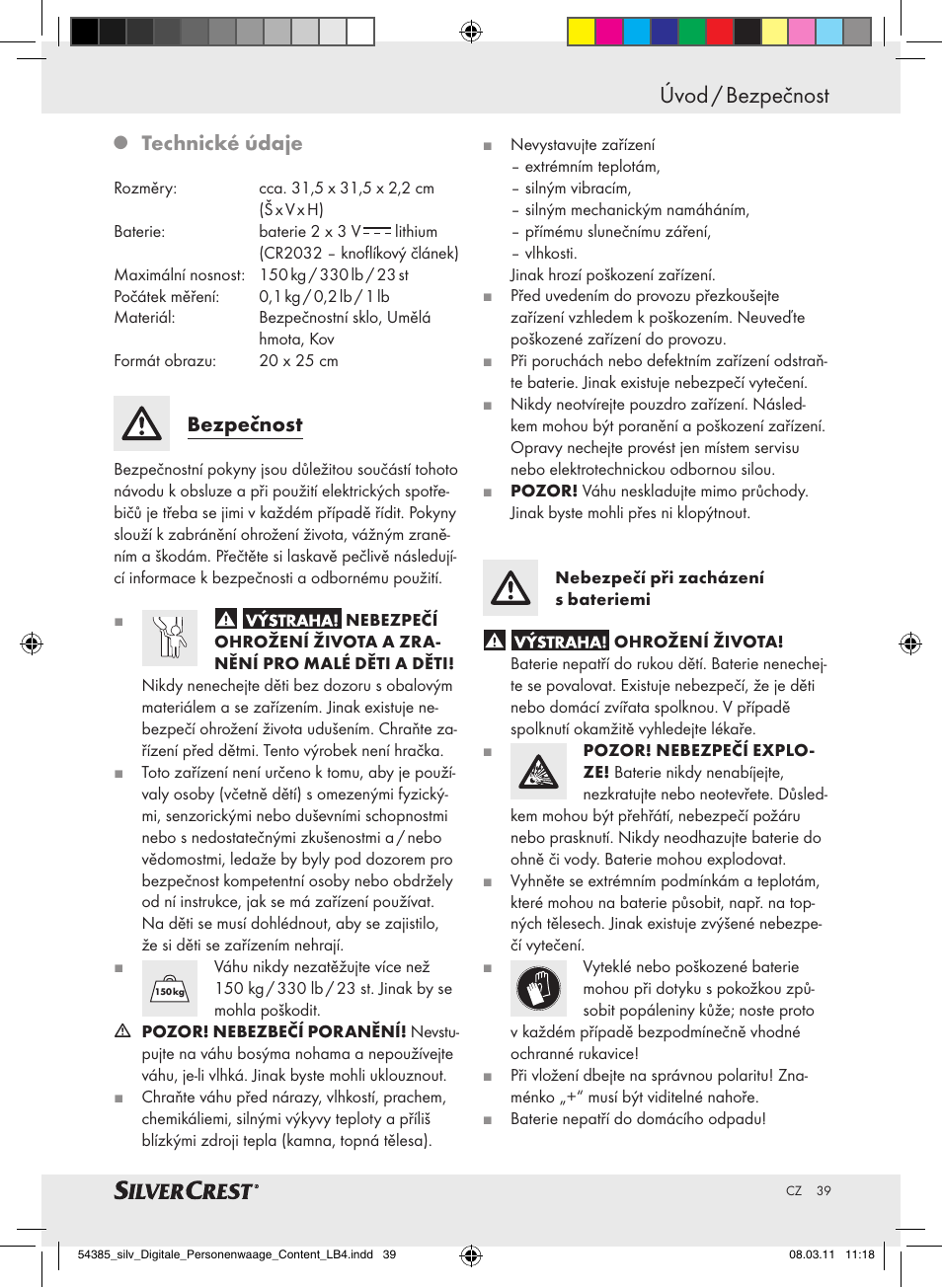 Úvod / bezpečnost, Technické údaje, Bezpečnost | Silvercrest Digital Bathroom Scale User Manual | Page 35 / 56