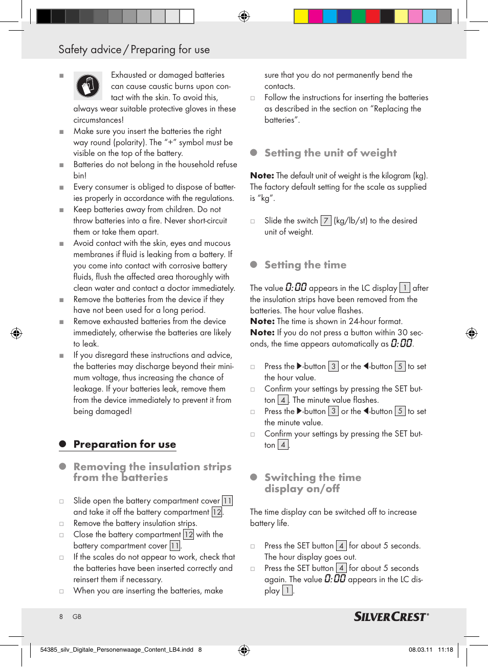 Safety advice / preparing for use, Preparation for use, Removing the insulation strips from the batteries | Setting the unit of weight, Setting the time, Switching the time display on/off | Silvercrest Digital Bathroom Scale User Manual | Page 4 / 56