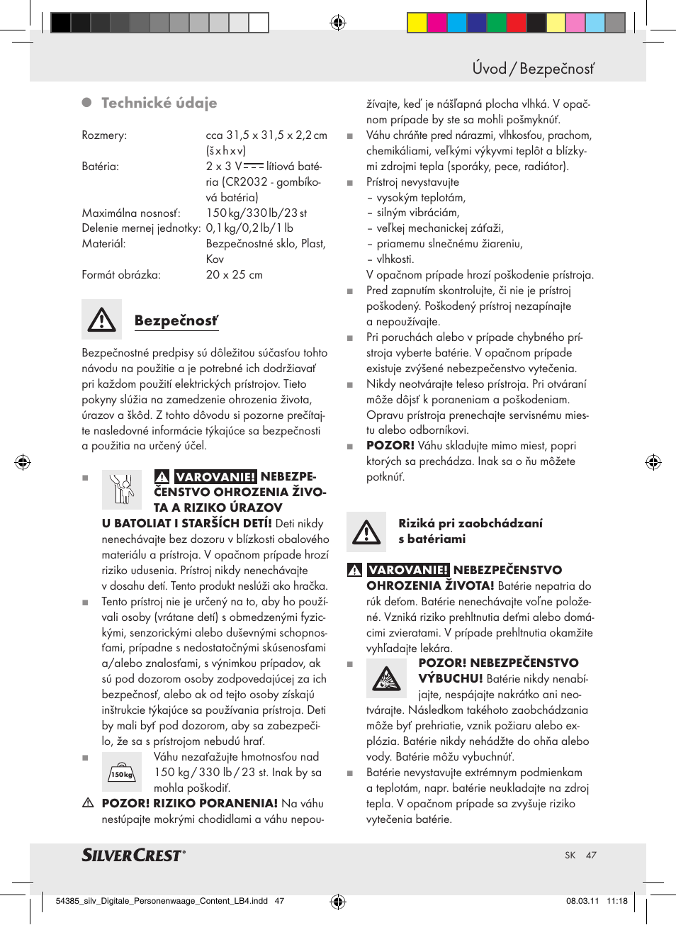 Úvod / bezpečnosť, Technické údaje, Bezpečnosť | Silvercrest Digital Bathroom Scale User Manual | Page 43 / 56