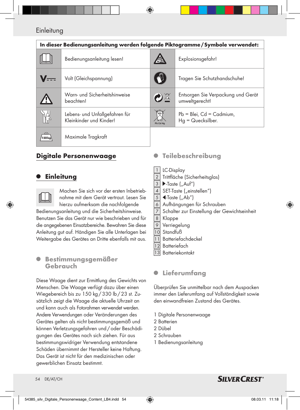 Einleitung / sicherheitshinweise einleitung, Digitale personenwaage, Einleitung | Bestimmungsgemäßer gebrauch, Teilebeschreibung, Lieferumfang | Silvercrest Digital Bathroom Scale User Manual | Page 50 / 56