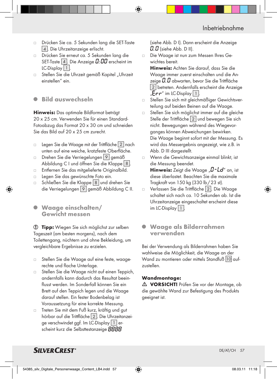 Inbetriebnahme, Bild auswechseln, Waage einschalten/ gewicht messen | Waage als bilderrahmen verwenden | Silvercrest Digital Bathroom Scale User Manual | Page 53 / 56