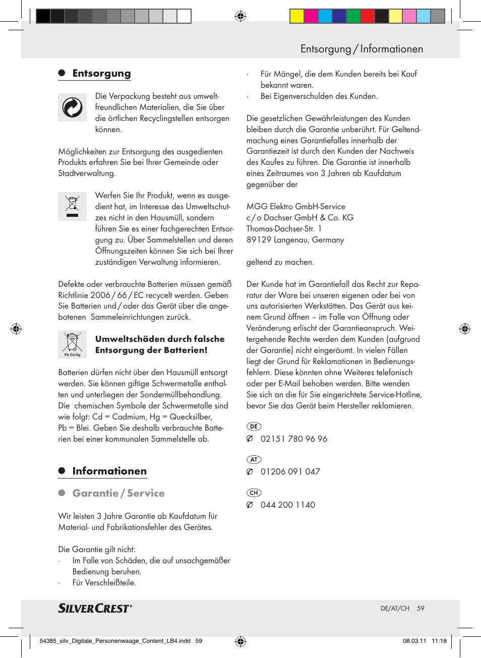 Entsorgung / informationen, Entsorgung, Informationen | Garantie / service | Silvercrest Digital Bathroom Scale User Manual | Page 55 / 56