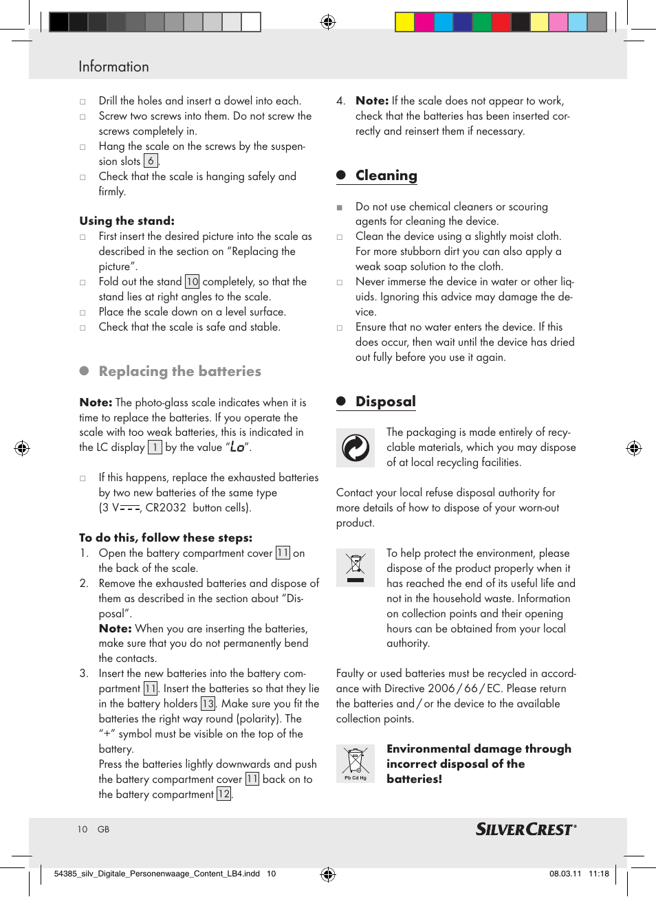 Information, Replacing the batteries, Cleaning | Disposal | Silvercrest Digital Bathroom Scale User Manual | Page 6 / 56