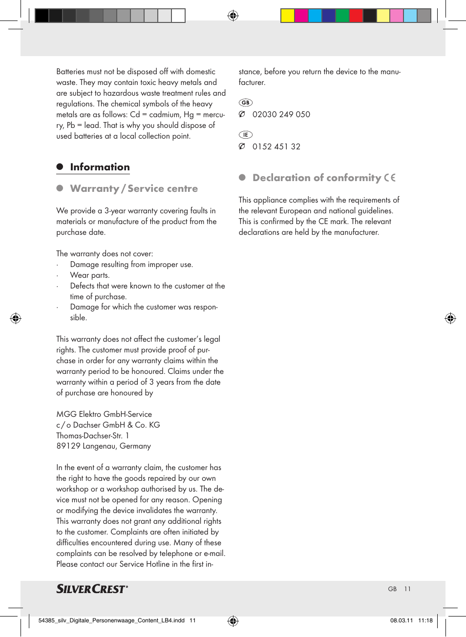 Information, Warranty / service centre, Declaration of conformity | Silvercrest Digital Bathroom Scale User Manual | Page 7 / 56