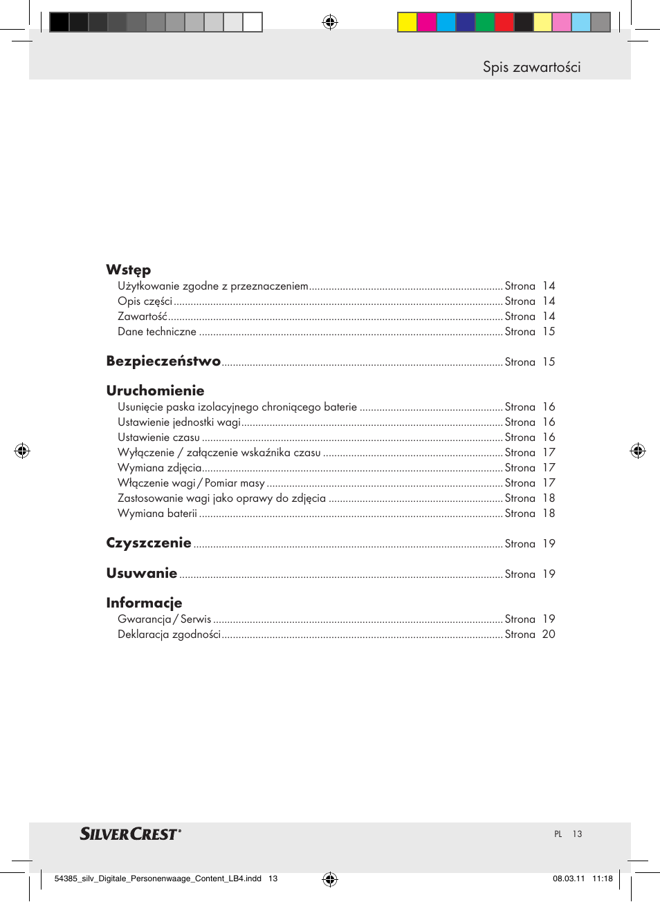 Spis zawartości | Silvercrest Digital Bathroom Scale User Manual | Page 9 / 56