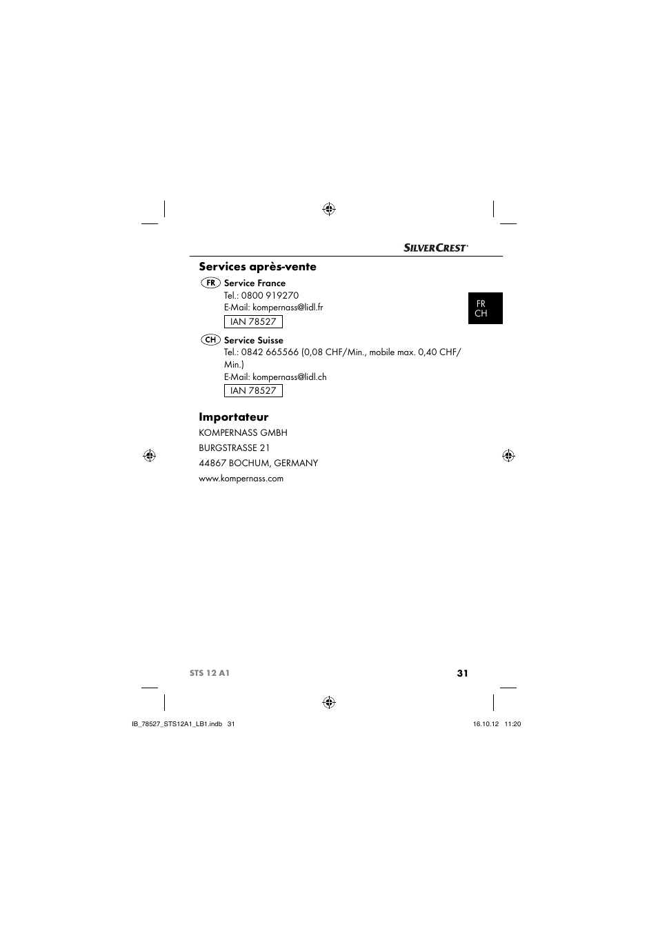 Services après-vente, Importateur | Silvercrest STS 12 A1 User Manual | Page 34 / 64