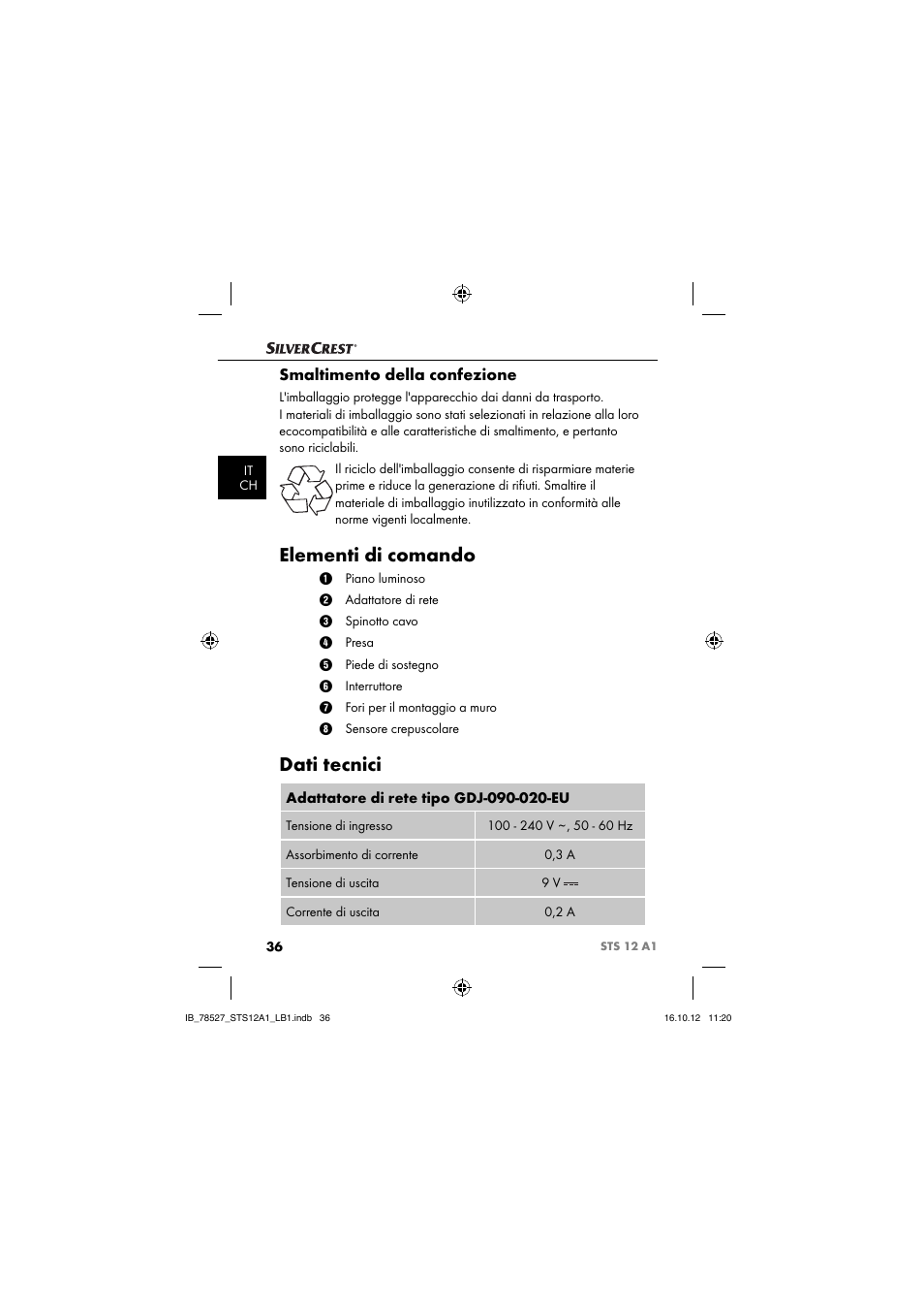 Elementi di comando, Dati tecnici, Smaltimento della confezione | Silvercrest STS 12 A1 User Manual | Page 39 / 64