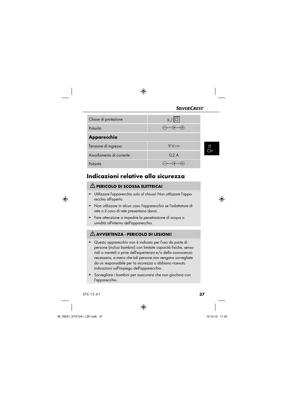 Indicazioni relative alla sicurezza, Apparecchio | Silvercrest STS 12 A1 User Manual | Page 40 / 64