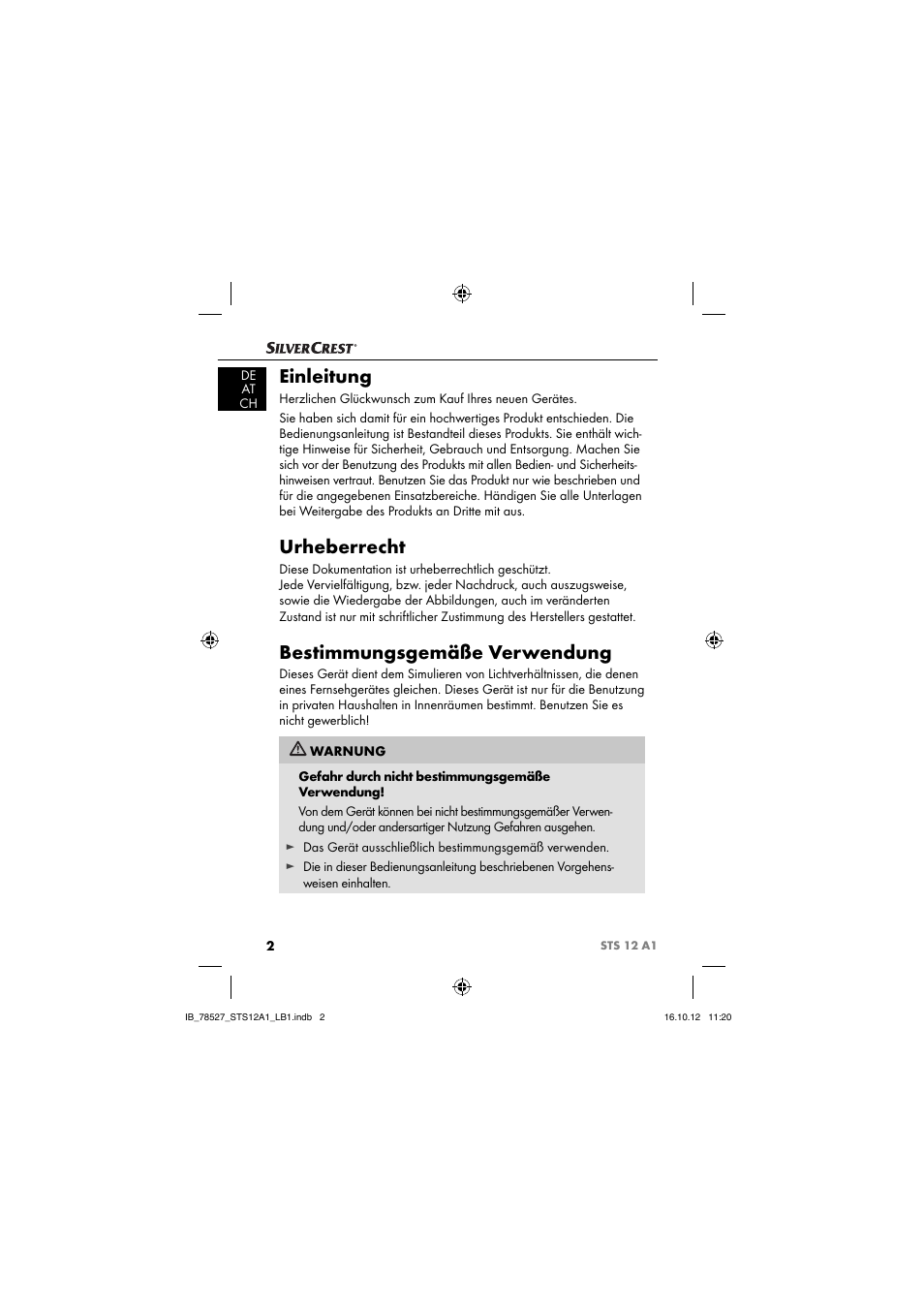 Einleitung, Urheberrecht, Bestimmungsgemäße verwendung | Silvercrest STS 12 A1 User Manual | Page 5 / 64