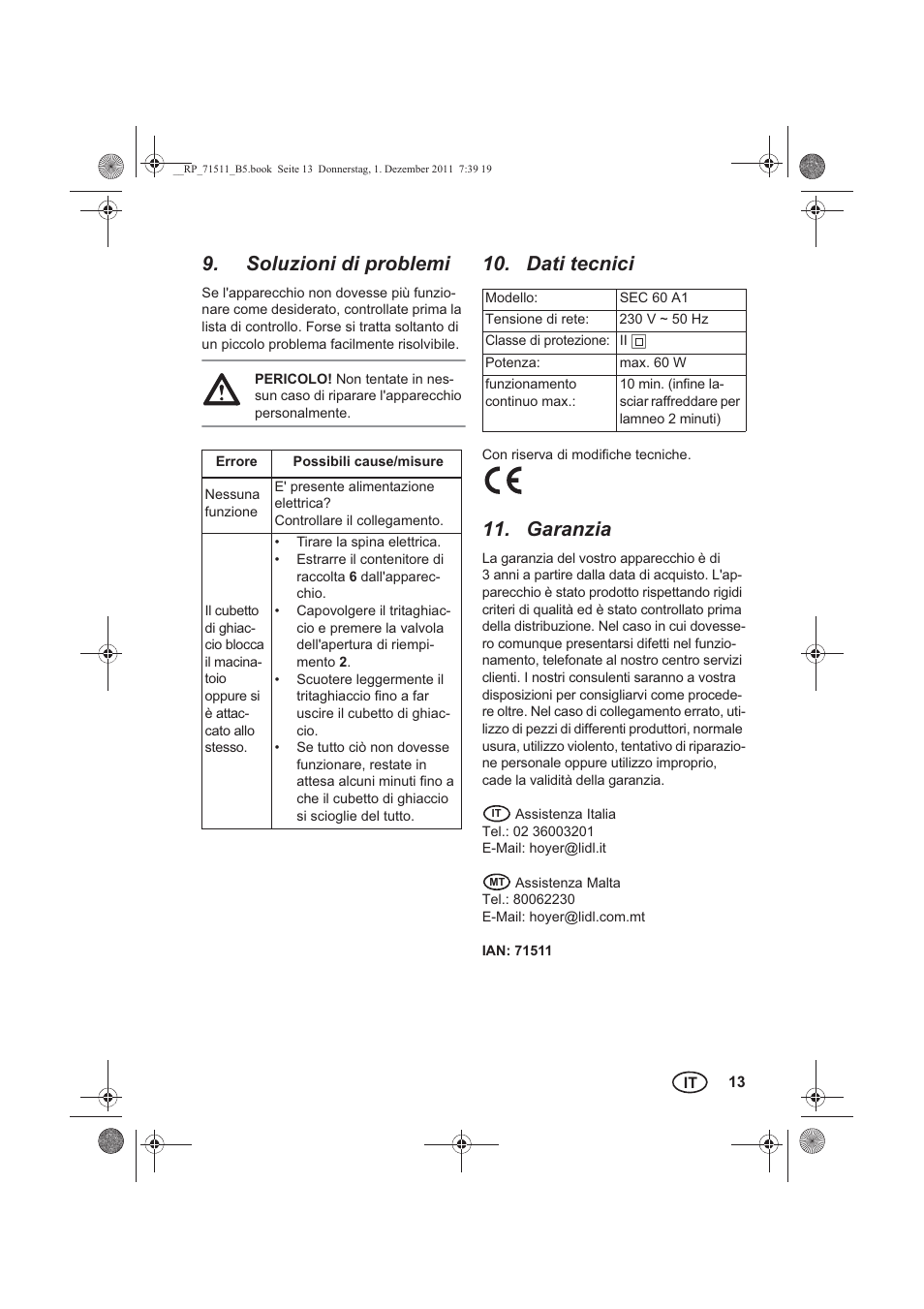 Soluzioni di problemi, Dati tecnici, Garanzia | Silvercrest SEC 60 A1 User Manual | Page 15 / 38