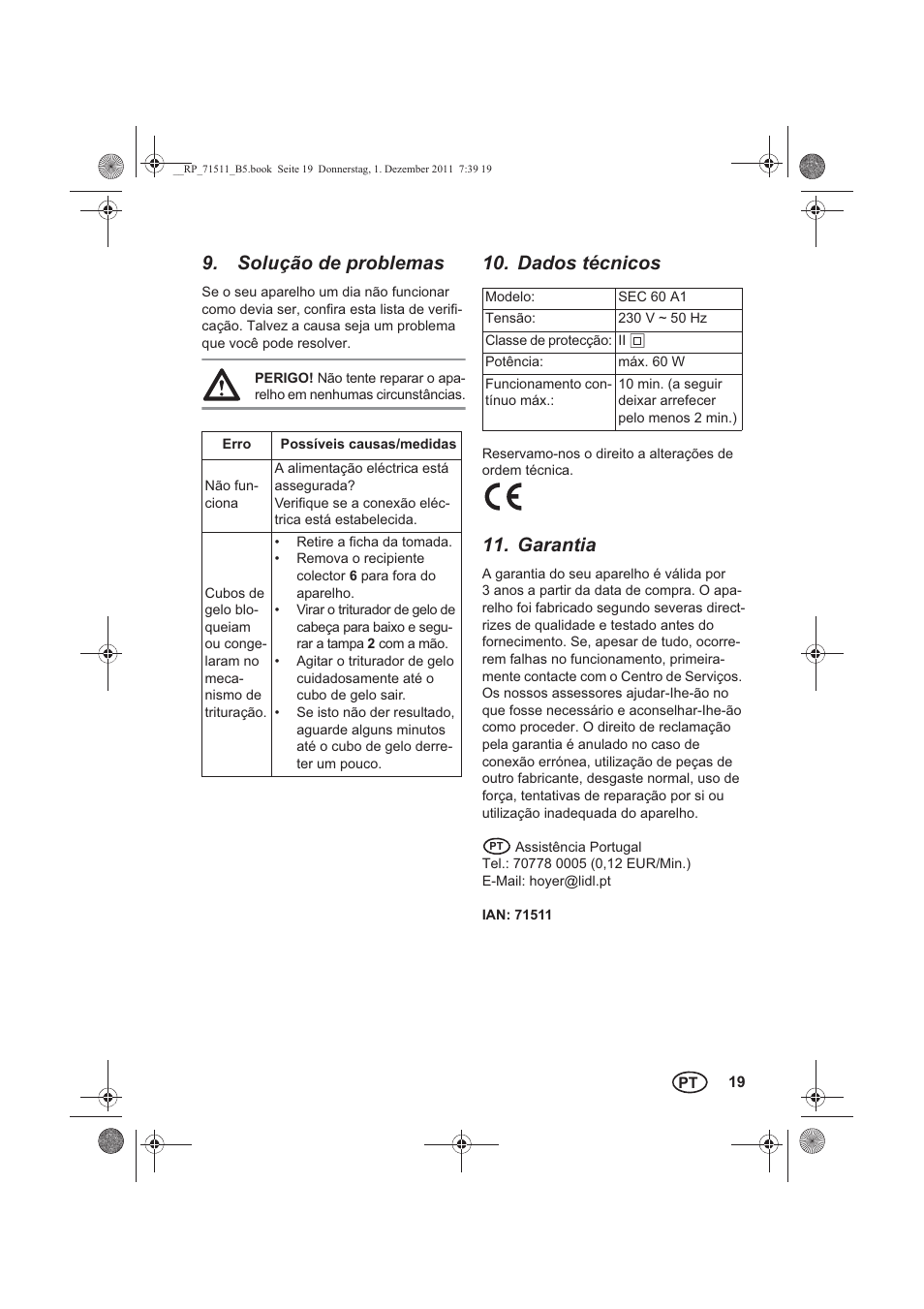 Solução de problemas, Dados técnicos, Garantia | Silvercrest SEC 60 A1 User Manual | Page 21 / 38