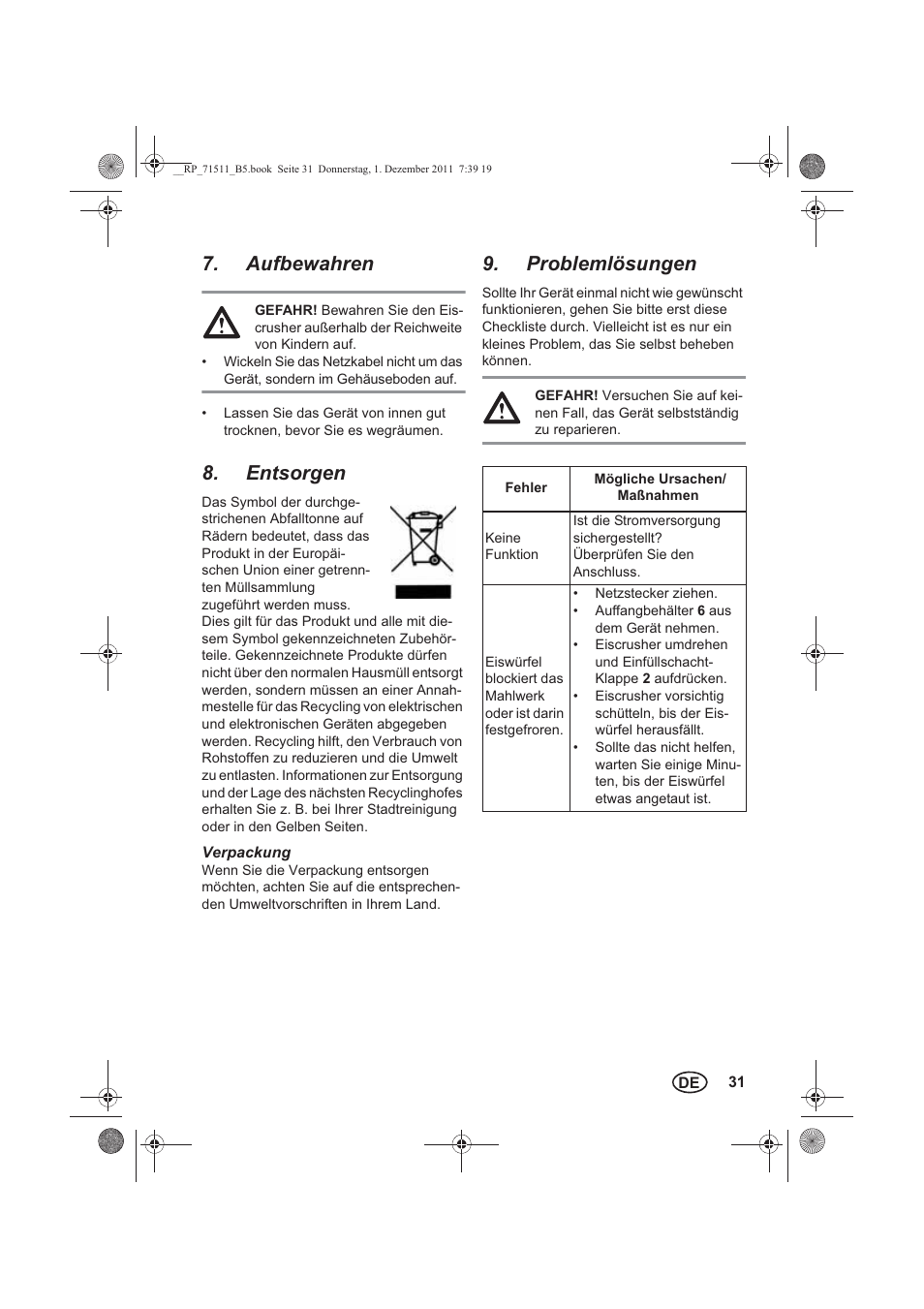 Aufbewahren, Entsorgen, Problemlösungen | Silvercrest SEC 60 A1 User Manual | Page 33 / 38