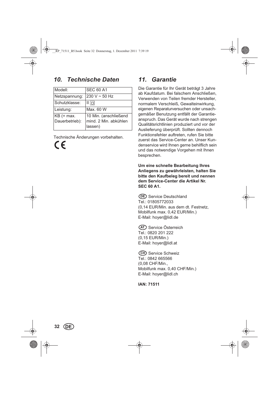 Technische daten, Garantie | Silvercrest SEC 60 A1 User Manual | Page 34 / 38