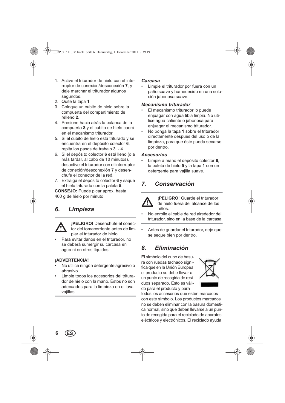 Limpieza, Conservación, Eliminación | Silvercrest SEC 60 A1 User Manual | Page 8 / 38