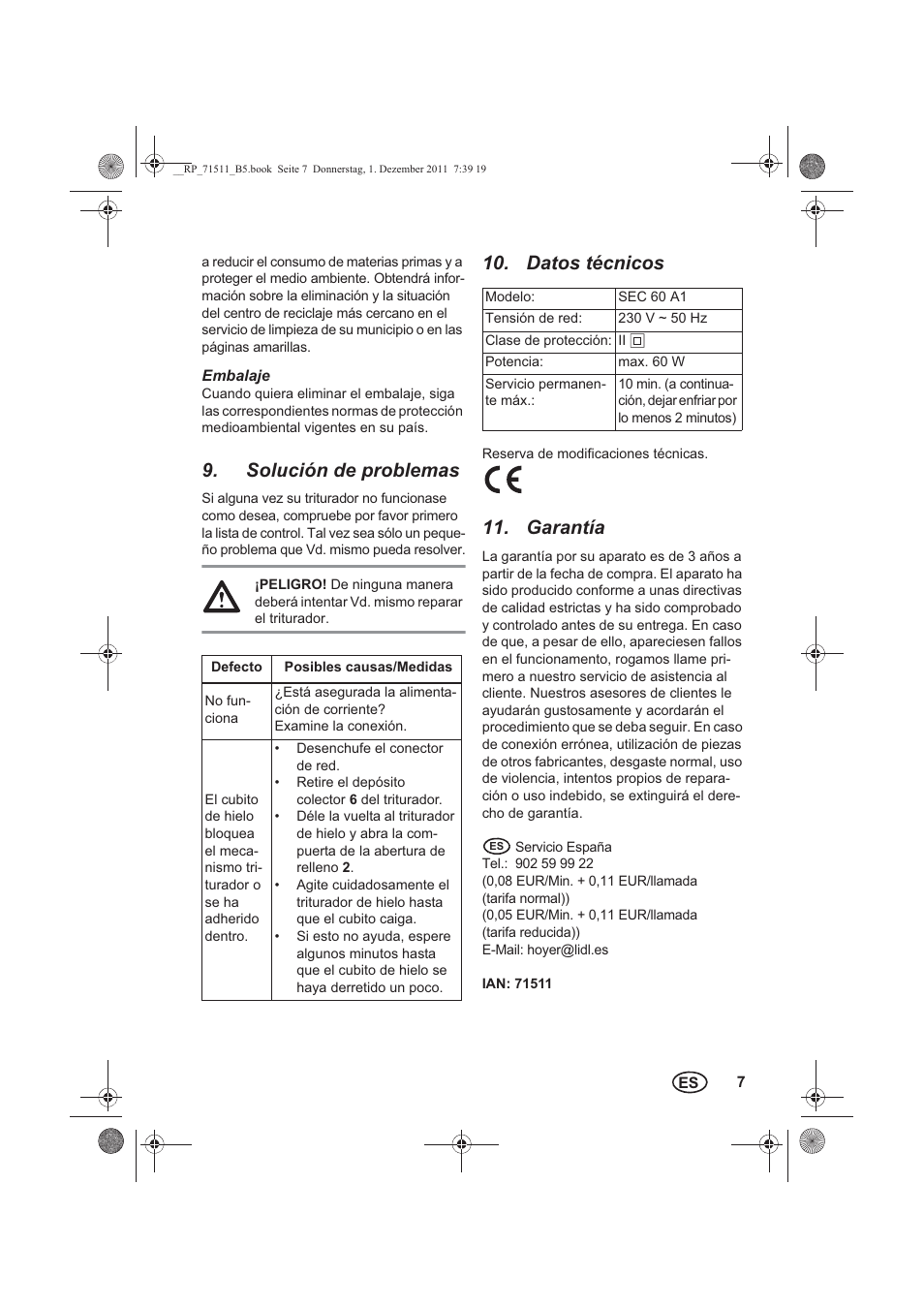 Solución de problemas, Datos técnicos, Garantía | Silvercrest SEC 60 A1 User Manual | Page 9 / 38
