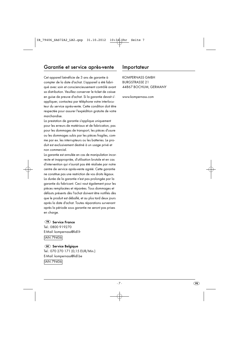 Garantie et service après-vente, Importateur | Silvercrest SAS 7.2 A2 User Manual | Page 10 / 35