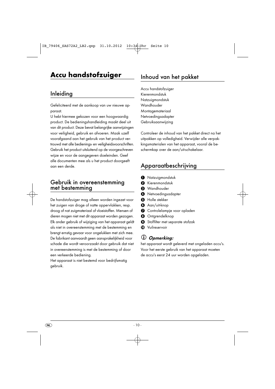 Accu handstofzuiger, Inleiding, Gebruik in overeenstemming met bestemming | Inhoud van het pakket, Apparaatbeschrijving | Silvercrest SAS 7.2 A2 User Manual | Page 13 / 35