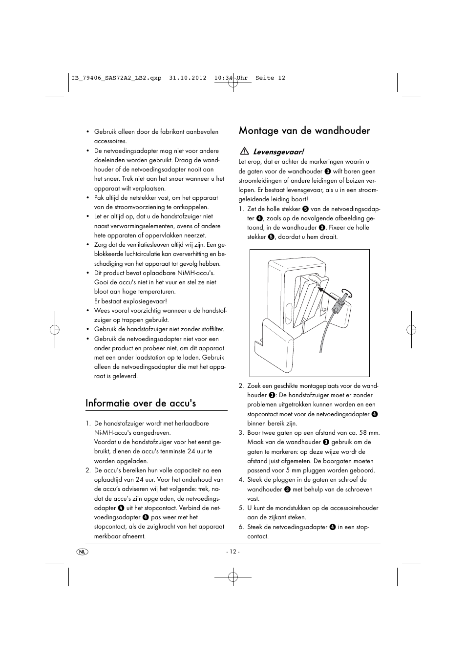 Informatie over de accu's, Montage van de wandhouder, Levensgevaar | Silvercrest SAS 7.2 A2 User Manual | Page 15 / 35