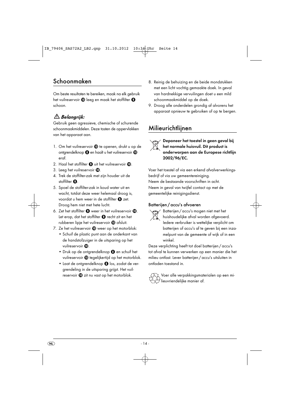 Schoonmaken, Milieurichtlijnen, Belangrijk | Silvercrest SAS 7.2 A2 User Manual | Page 17 / 35