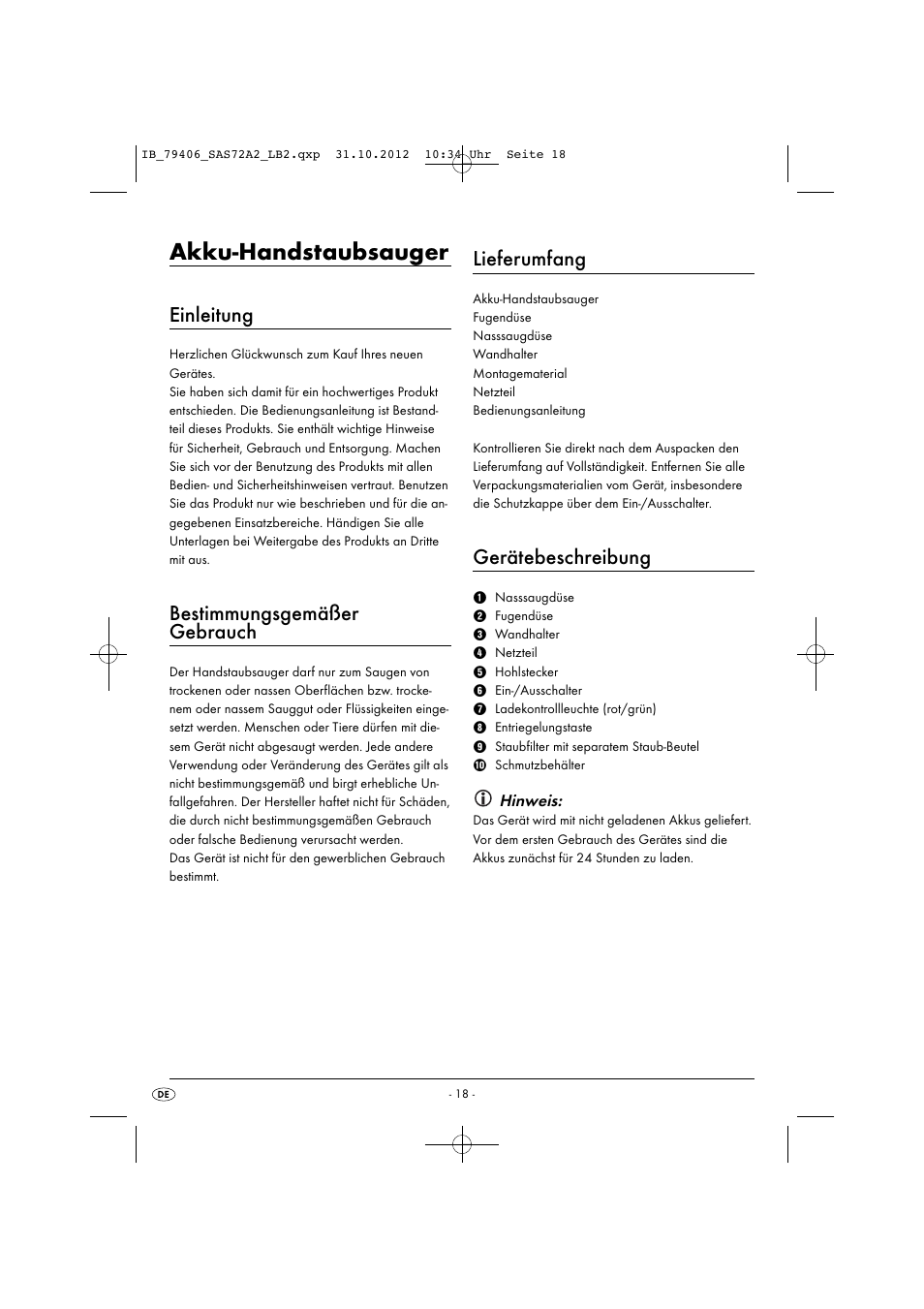 Akku-handstaubsauger, Einleitung, Bestimmungsgemäßer gebrauch | Lieferumfang, Gerätebeschreibung | Silvercrest SAS 7.2 A2 User Manual | Page 21 / 35