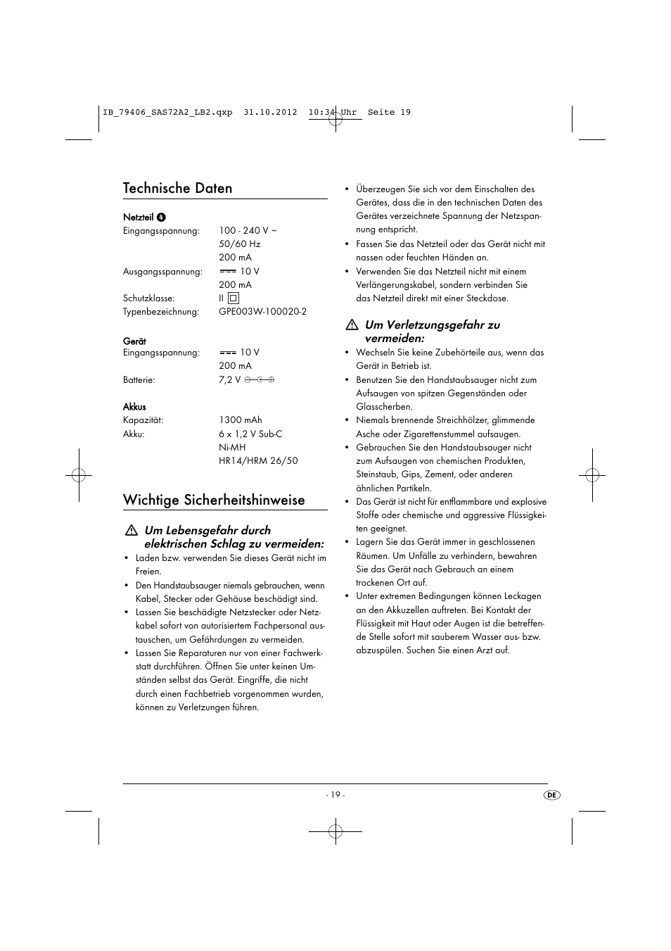 Technische daten, Wichtige sicherheitshinweise, Um verletzungsgefahr zu vermeiden | Silvercrest SAS 7.2 A2 User Manual | Page 22 / 35