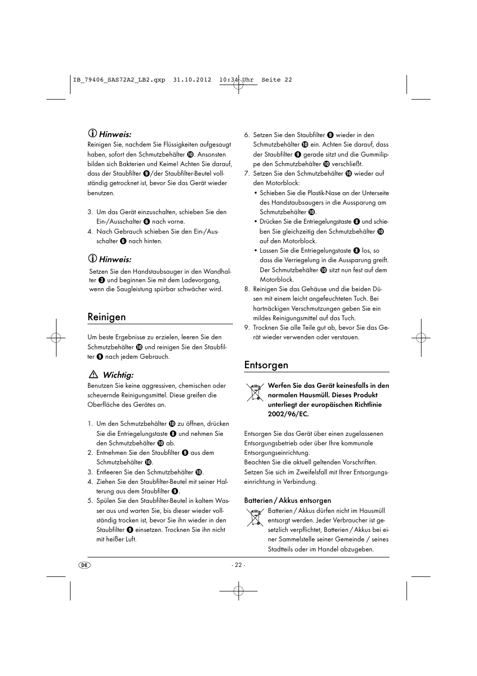 Reinigen, Entsorgen, Hinweis | Wichtig | Silvercrest SAS 7.2 A2 User Manual | Page 25 / 35