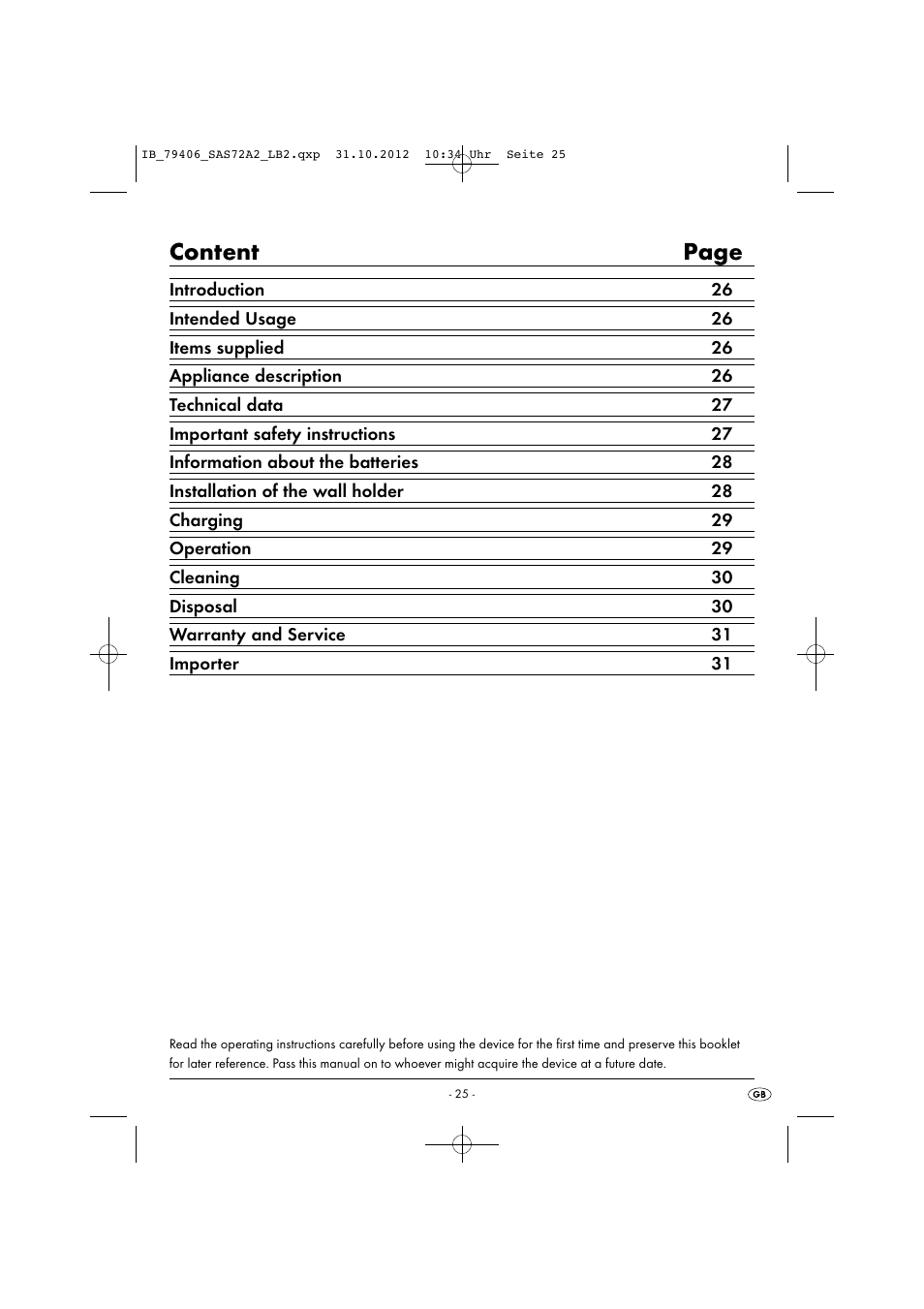 Content page | Silvercrest SAS 7.2 A2 User Manual | Page 28 / 35