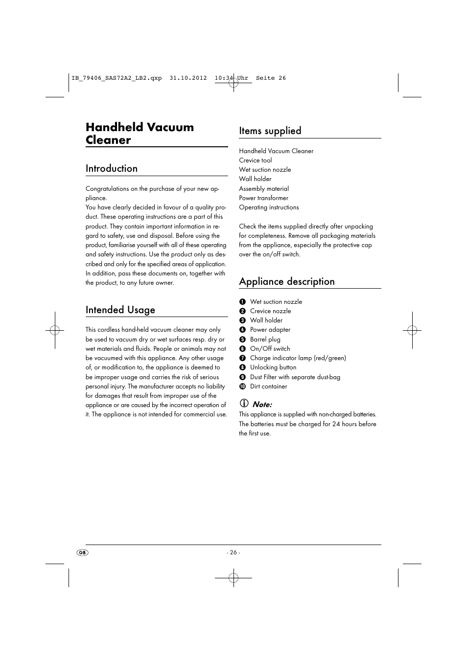 Handheld vacuum cleaner, Introduction, Intended usage | Items supplied, Appliance description | Silvercrest SAS 7.2 A2 User Manual | Page 29 / 35