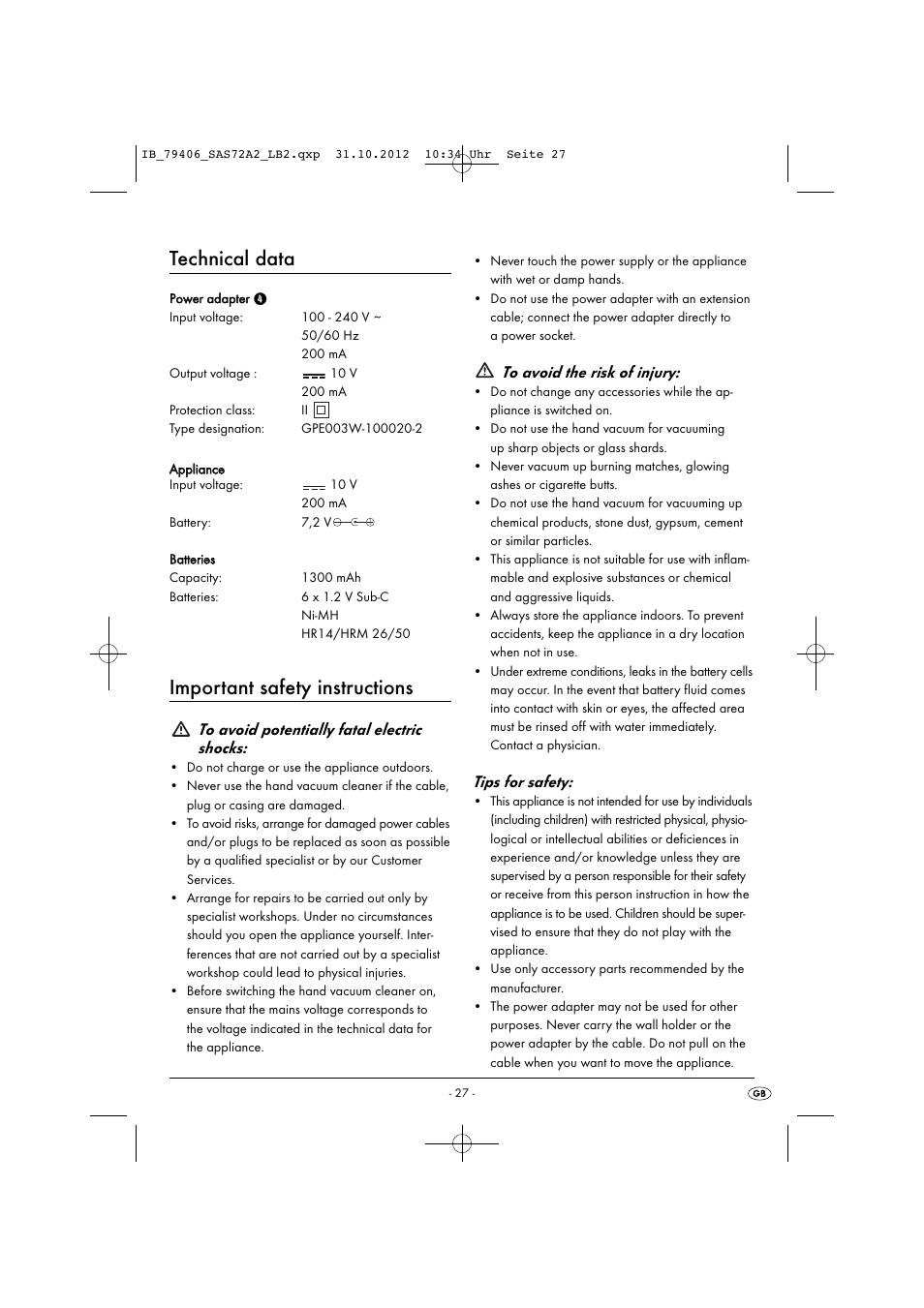 Technical data, Important safety instructions, Tips for safety | Silvercrest SAS 7.2 A2 User Manual | Page 30 / 35