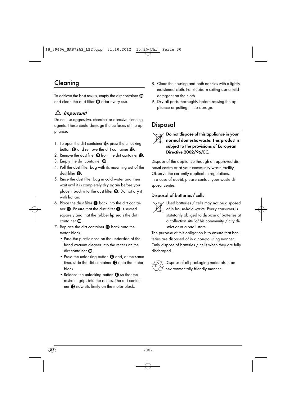 Cleaning, Disposal, Important | Silvercrest SAS 7.2 A2 User Manual | Page 33 / 35