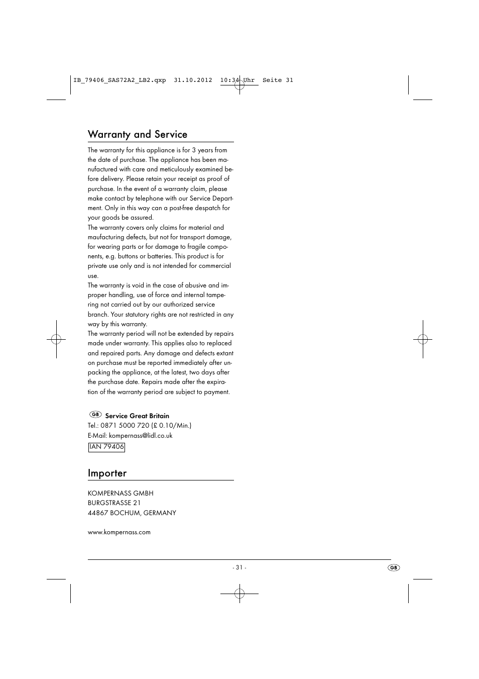 Warranty and service, Importer | Silvercrest SAS 7.2 A2 User Manual | Page 34 / 35