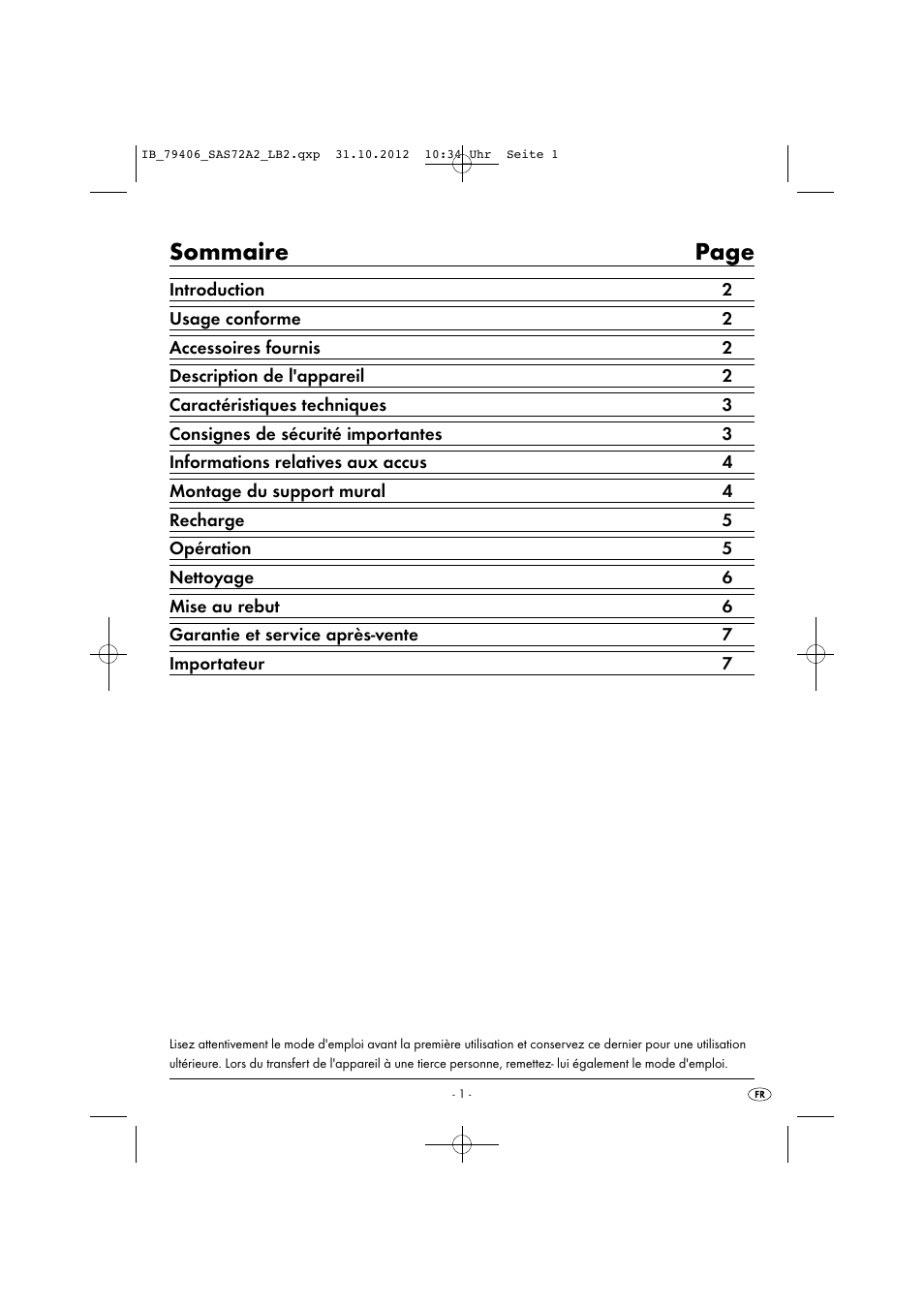 Sommaire page | Silvercrest SAS 7.2 A2 User Manual | Page 4 / 35