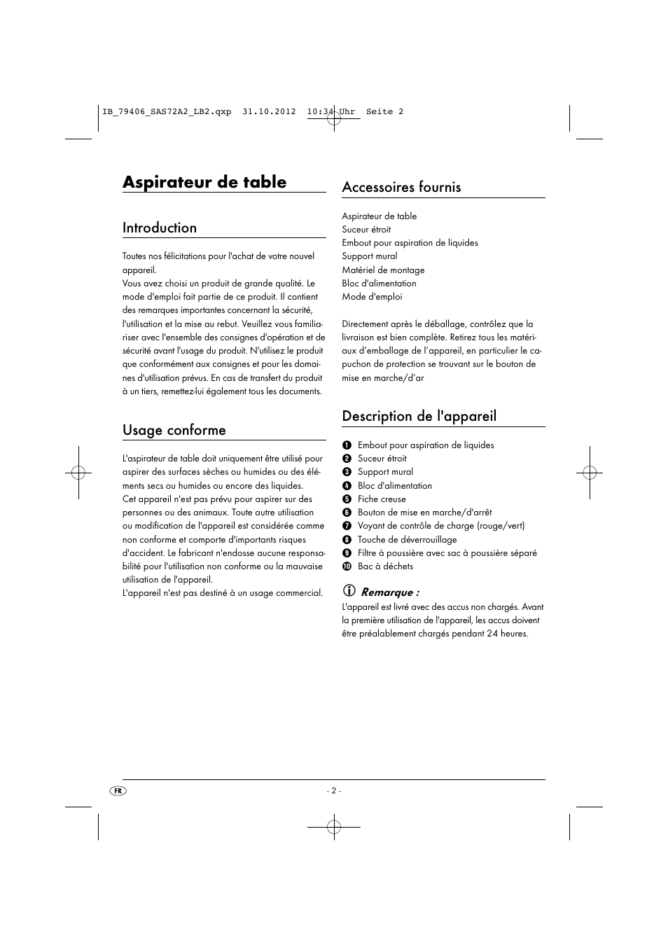 Aspirateur de table, Introduction, Usage conforme | Accessoires fournis, Description de l'appareil | Silvercrest SAS 7.2 A2 User Manual | Page 5 / 35