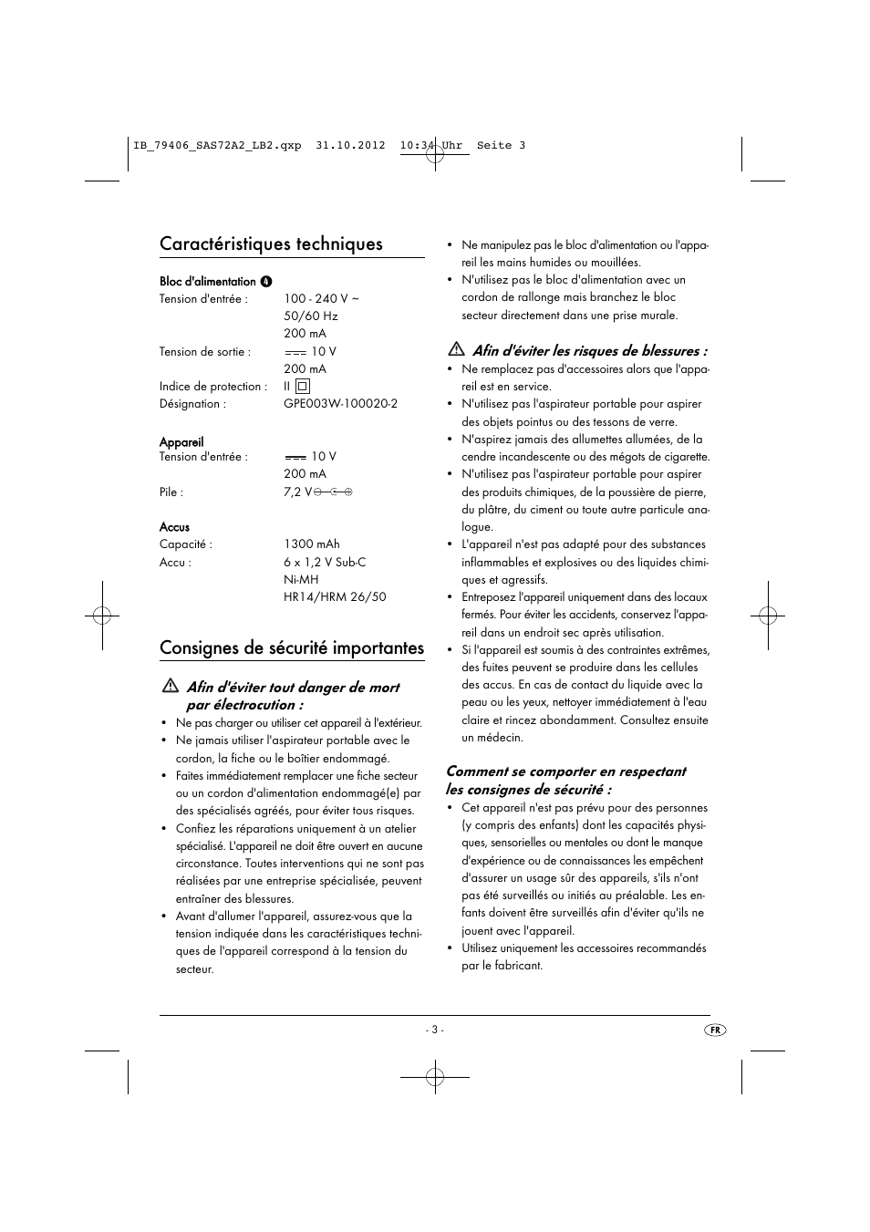 Caractéristiques techniques, Consignes de sécurité importantes, Afin d'éviter les risques de blessures | Silvercrest SAS 7.2 A2 User Manual | Page 6 / 35