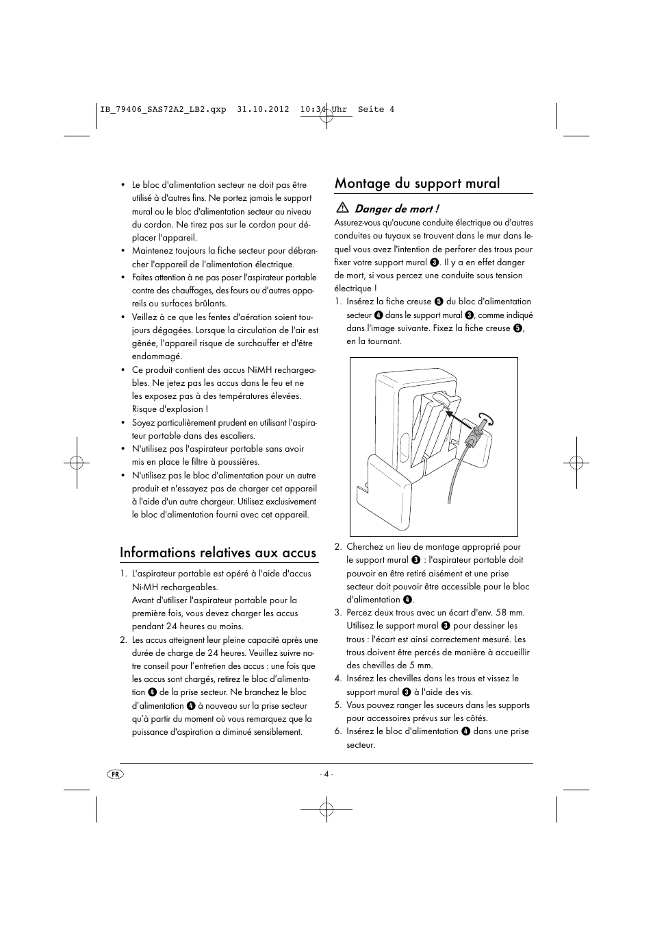Informations relatives aux accus, Montage du support mural, Danger de mort | Silvercrest SAS 7.2 A2 User Manual | Page 7 / 35