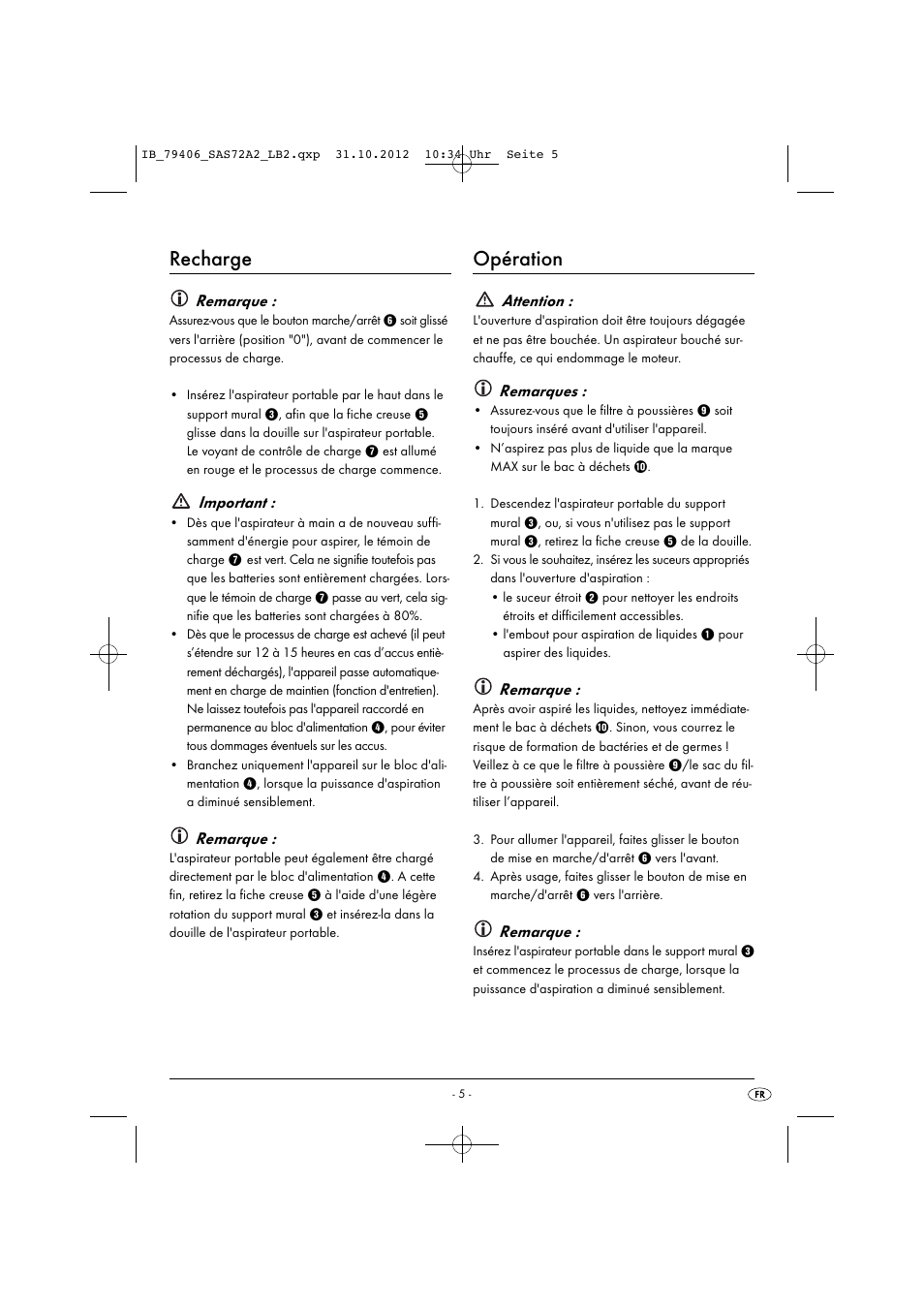 Recharge, Opération, Remarque | Important, Attention, Remarques | Silvercrest SAS 7.2 A2 User Manual | Page 8 / 35