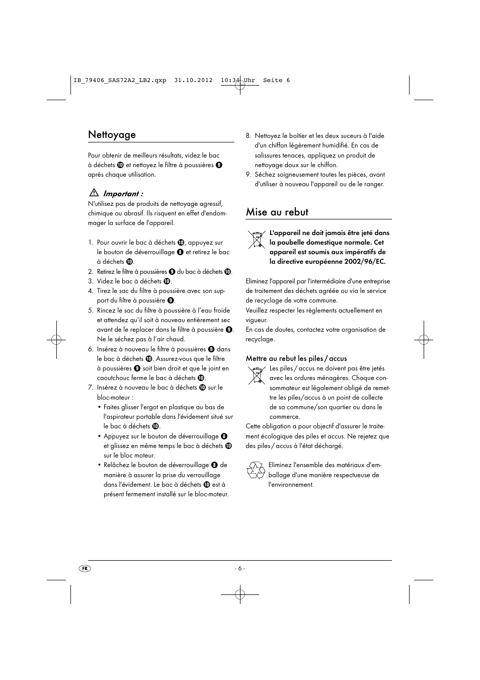 Nettoyage, Mise au rebut, Important | Silvercrest SAS 7.2 A2 User Manual | Page 9 / 35